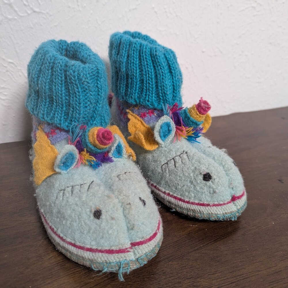 Garnet Hill Boiled Wool Unicorn Slippers, Size 12